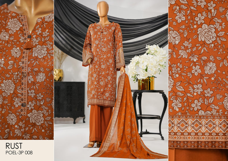 Cotton | Cambric - Stitched Embroidered 3piece with Lace work - Rust