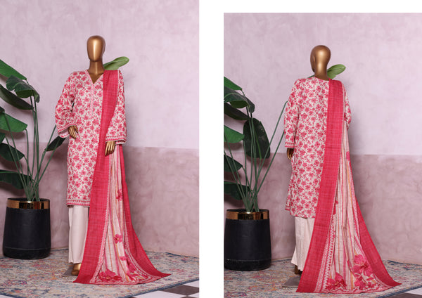 Khaddar - Stitched printed 3piece with Lace work - Pink
