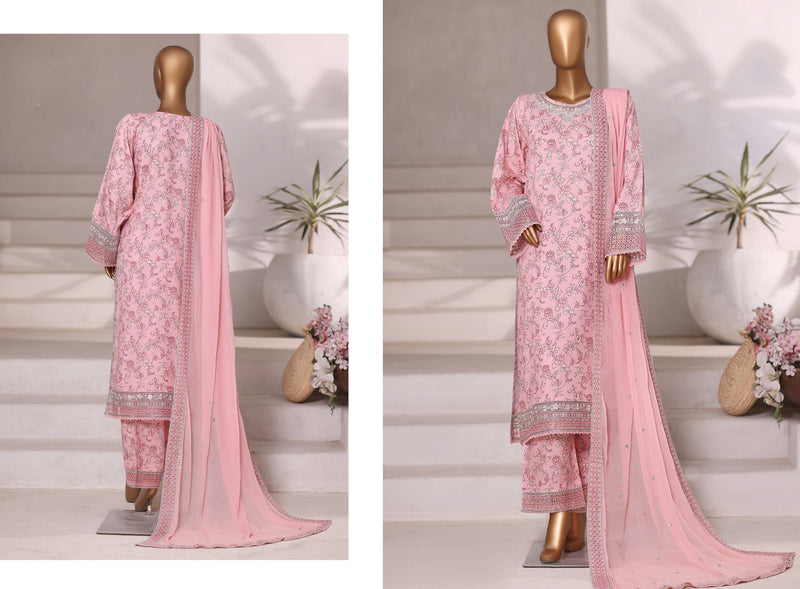 Luxury viscose - Stitched Embroidered 3piece with Chiffon embroidered Dupatta - Light Pink