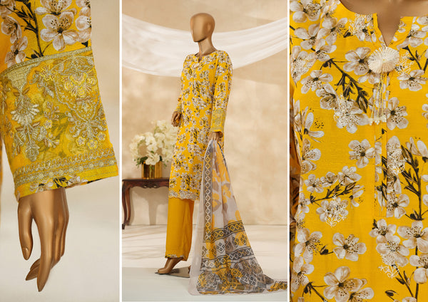 Cambric | Cotton - Stitched printed embroidered silk 3piece with Boring, Cutwork & Mirror work - Yellow Multi