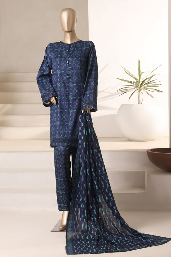 Cambric - Stitched printed 3piece with Lace work - Navy Check