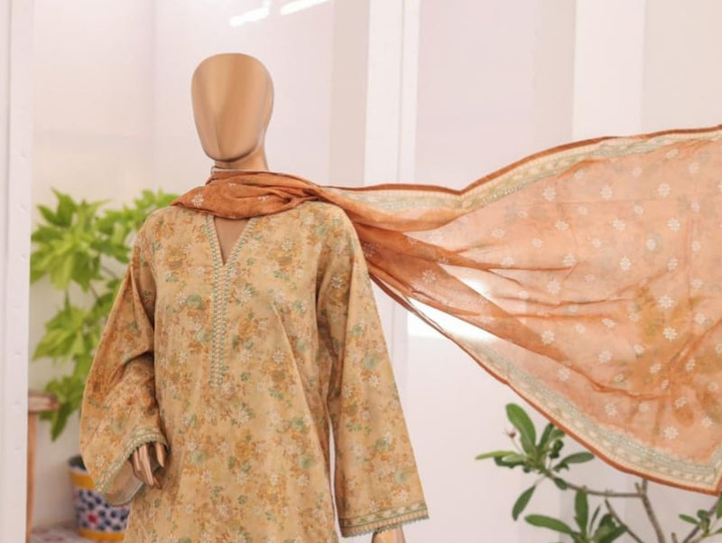 Lawn - Stitched printed 3piece with Farshi Shalwar - Dull Yellow