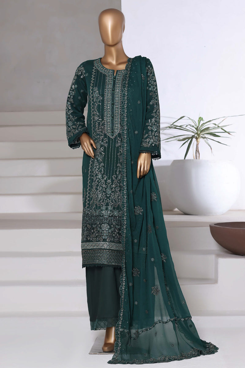 Chiffon - Stitched Formal Embroidered 3piece with Hand work - Green