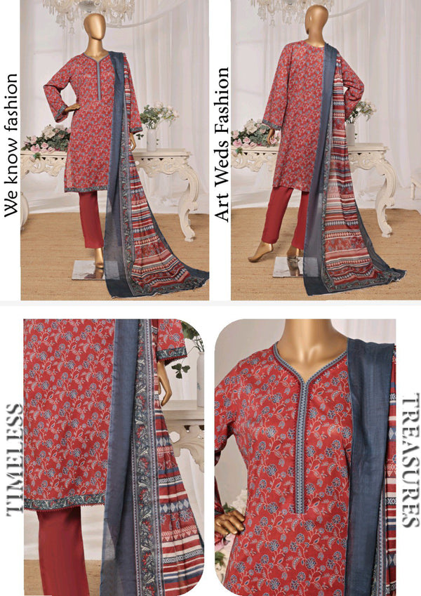 Lawn - Stitched printed 3piece with Lace work - Red