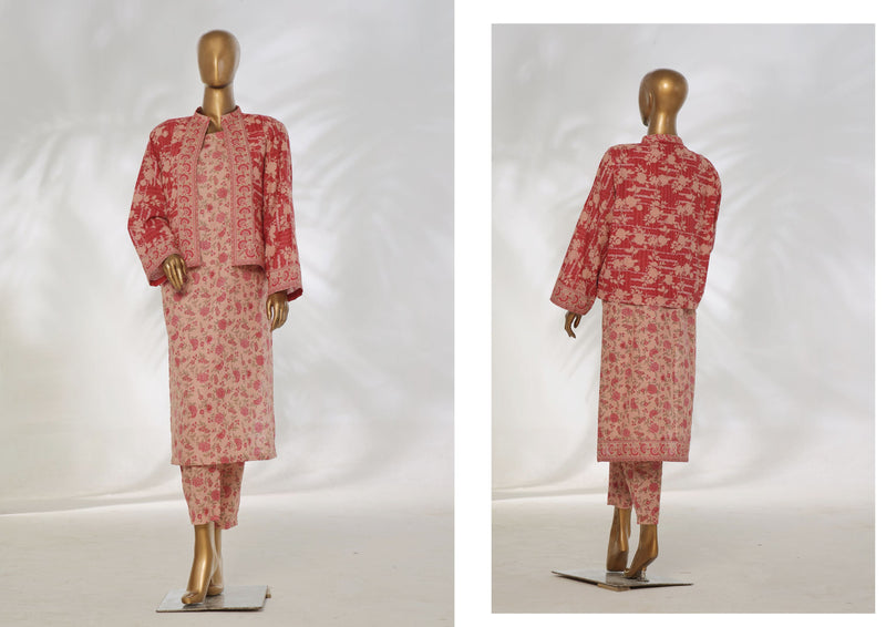 Khaddar Co-ords with coat - Stitched Printed Kurti & Trouser with Coat - Peach