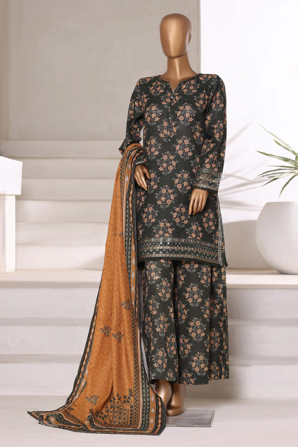 Khaddar - Embroidered 3piece collection with Lace work - Dark Green