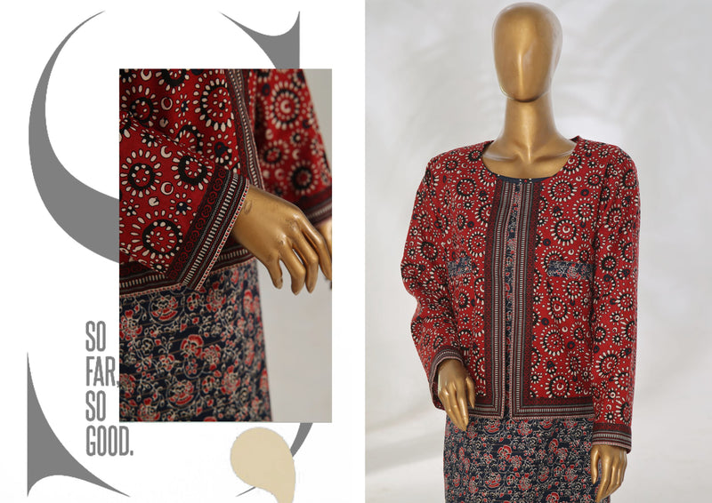 Khaddar Co-ords with coat - Stitched Printed Kurti & Trouser with Coat - Navy Blue