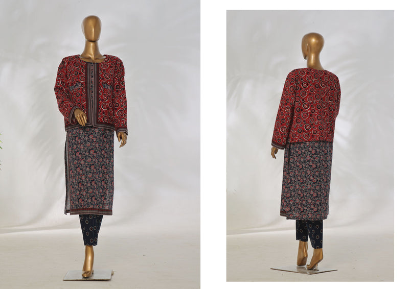 Khaddar Co-ords with coat - Stitched Printed Kurti & Trouser with Coat - Navy Blue