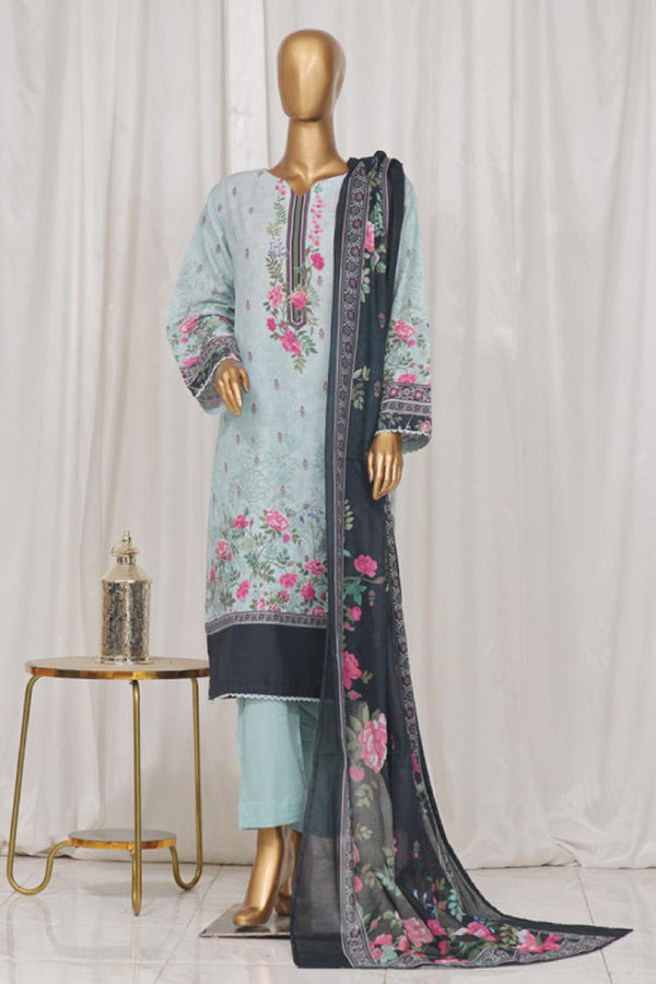 Lawn - Stitched Printed 3piece with Lace work - Blue
