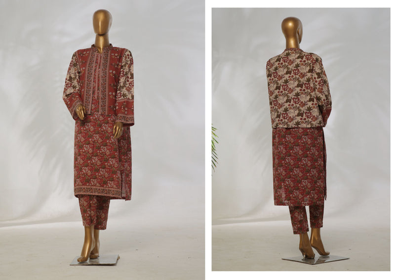 Khaddar Co-ords with coat - Stitched Printed Kurti & Trouser with Coat - Red