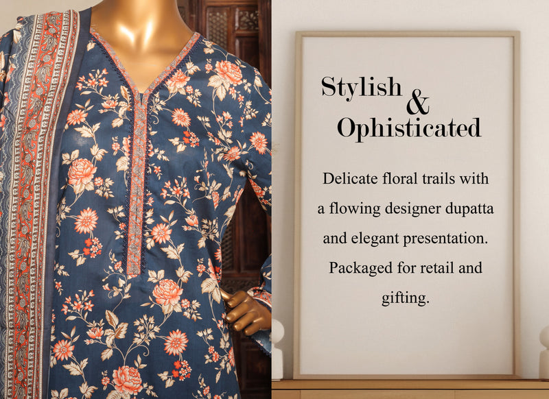 Lawn - Stitched printed 3piece with Lace work - Dark Blue