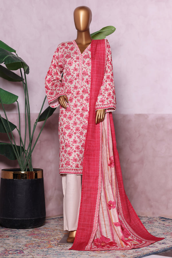 Khaddar - Stitched printed 3piece with Lace work - Pink
