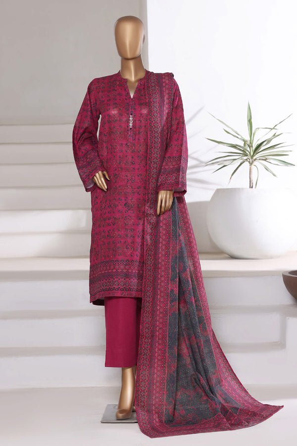 Khaddar - Printed 3piece collection with Lace work - Dark Pink