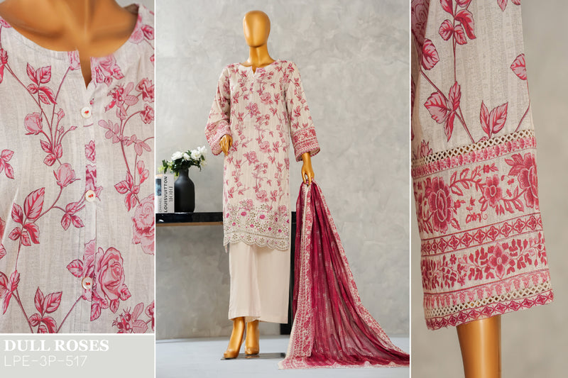 Lawn - Stitched Digital Printed Embroidered 3piece with Boring work - Light Pink