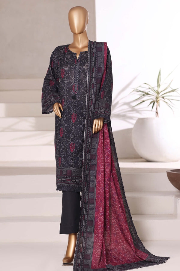 Khaddar - Stitched printed 3piece with Lace work - Black