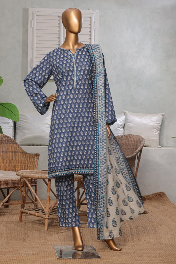 Lawn - Stitched printed 3piece with Lace work - Blue
