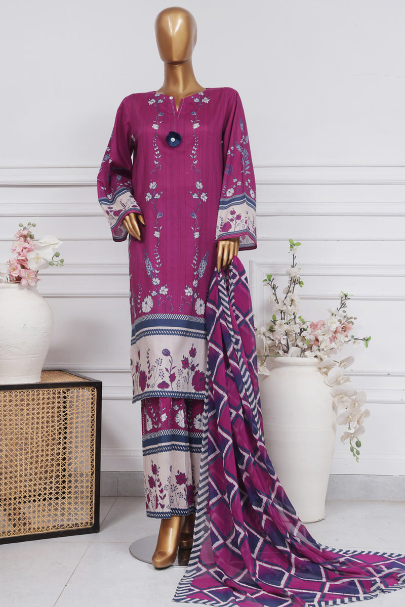 Lawn - Stitched printed 3 piece with chiffon dupatta - Plum Navy