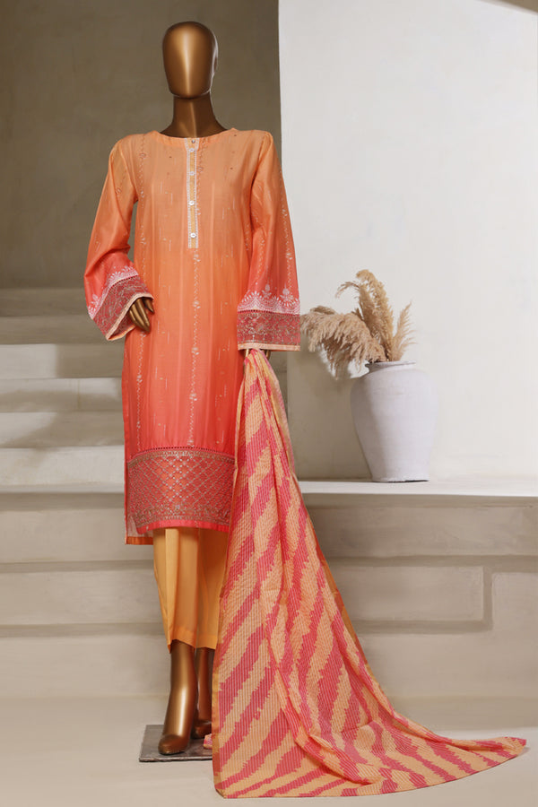 Lawn - Embroidered jacquard 3piece with Lace work - Peach Pink