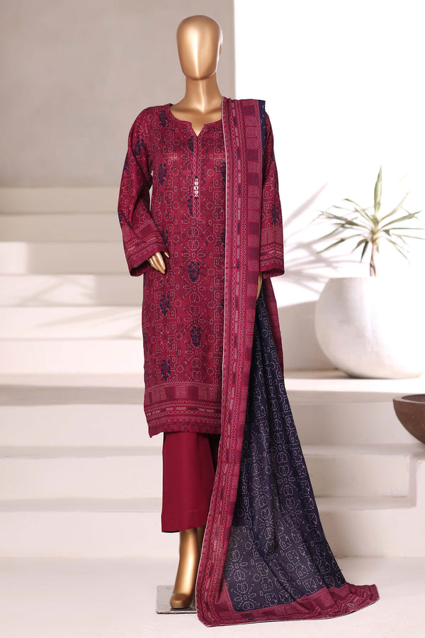 Khaddar - Stitched printed 3piece with Lace work - Red