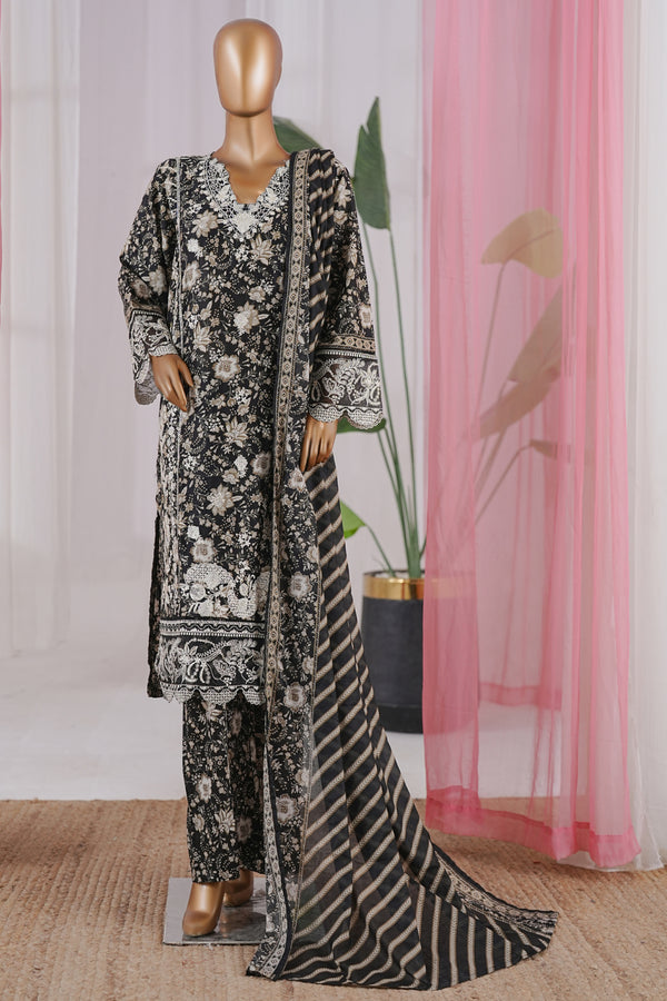 Lawn - Stitched Embroidered 3piece with Zari work & Lace work - Black