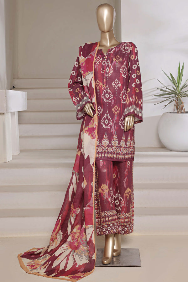 Cotton | Cambric - Ready to wear printed 3piece in tie & Dye Style - Dark maroon