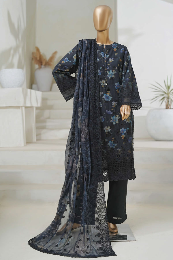 Lawn Chikankari - Stitched Embroidered 3piece with Cutwork and Embroidered Chiffon Dupatta - Black