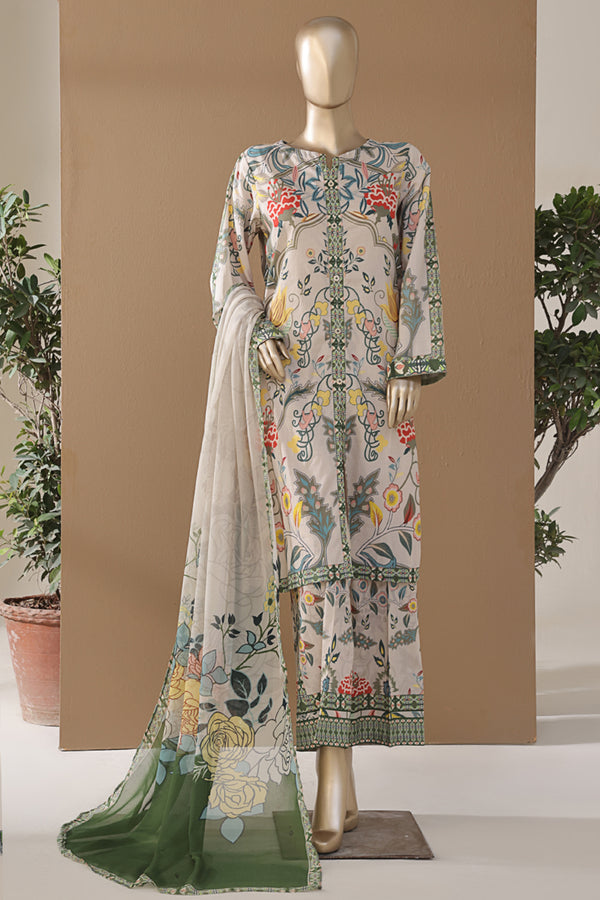Cambric | Cotton - Stitched printed 3piece with Bamber chiffon Dupatta - Cream