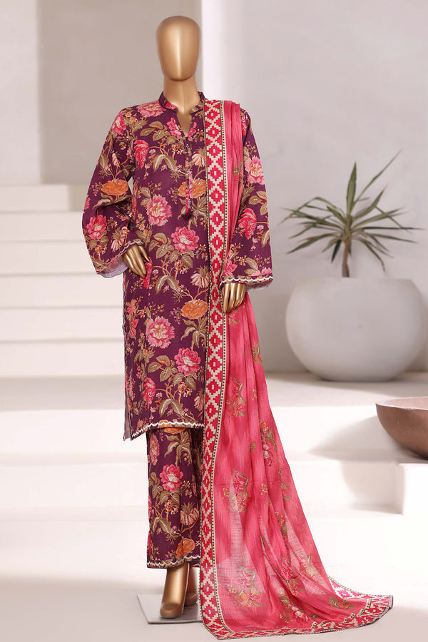 Khaddar - Stitched Embroidered 3piece collection with Lace work - Dark Pink