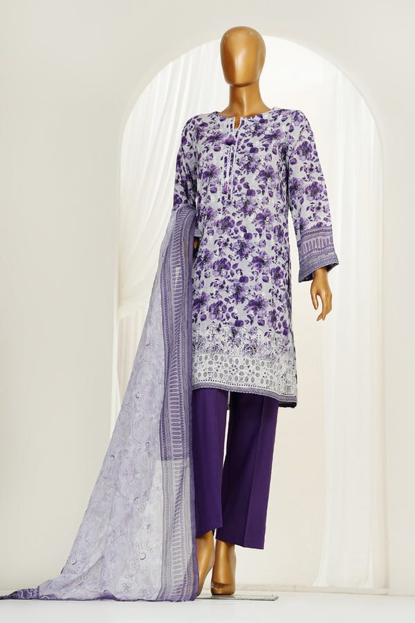 Lawn PrintKari - Stitched Embroidered 3piece with Lace work - Purple