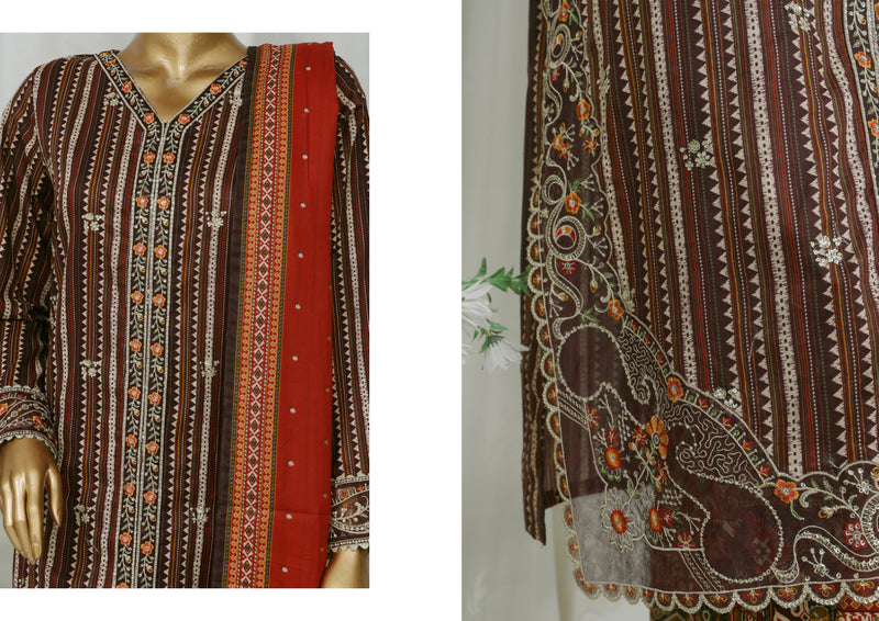 Lawn (front open style) - Stitched Embroidered 3piece with Lace work - Brown