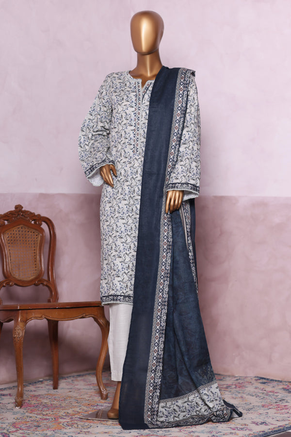 Khaddar - Stitched printed 3piece with Lace work - White & Blue
