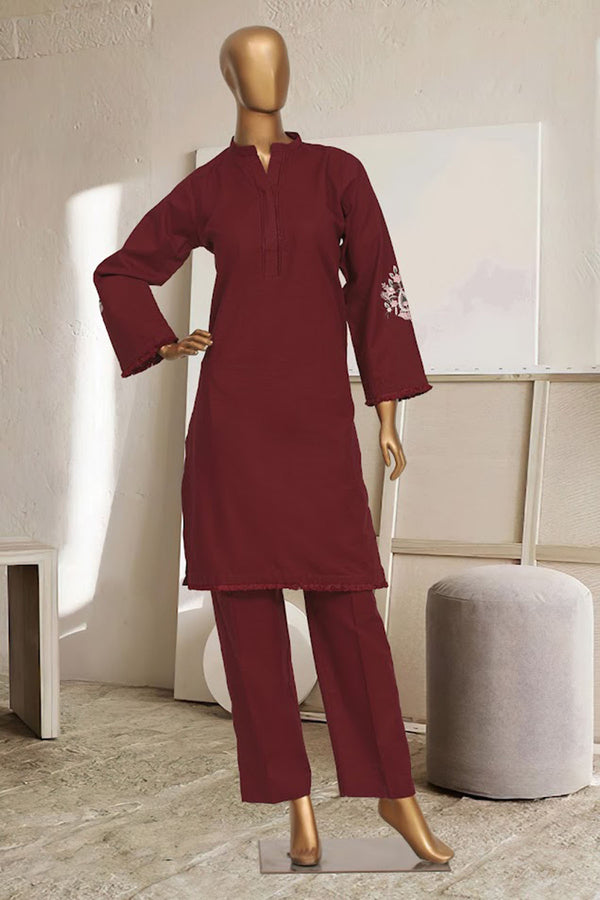 Khaddar Solid Bunch Co-ords - Stitched Embroidered Kurti & Trouser with Lace Work - Maroon