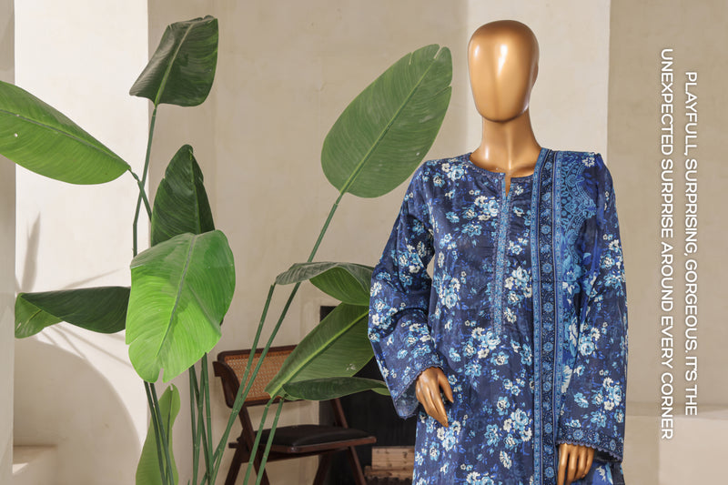 Lawn - Stitched printed 3piece with Farshi shalwar - Blue