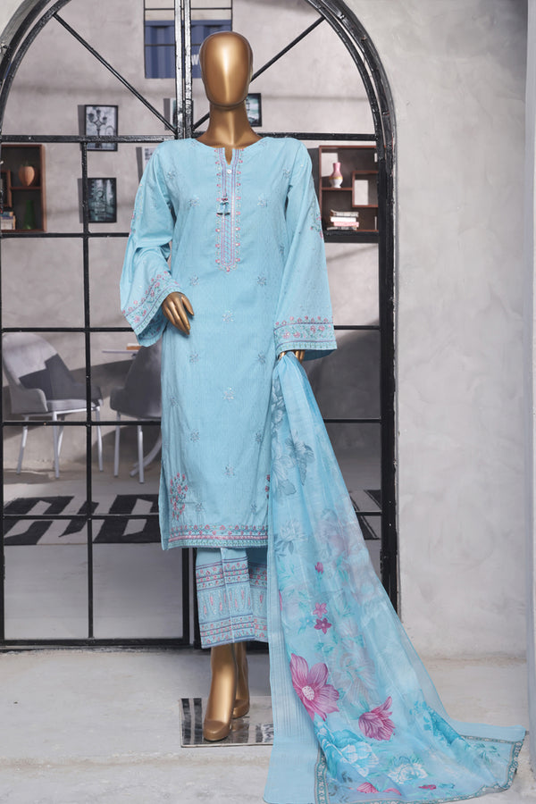 Lawn - Stitched Self Jacqaurd Embroidered 3piece with Emb trouser - Blue