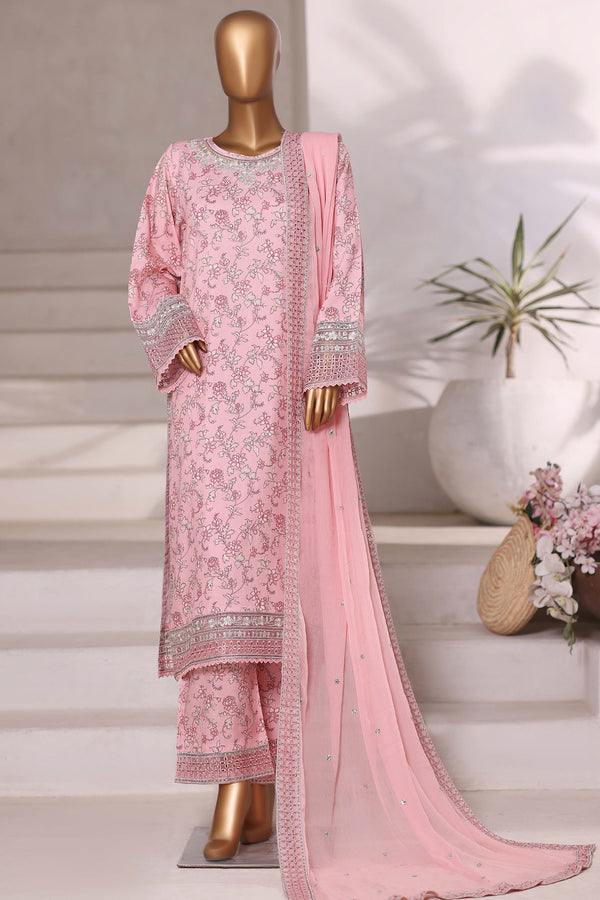 Luxury viscose - Stitched Embroidered 3piece with Chiffon embroidered Dupatta - Light Pink