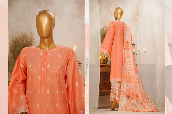 Lawn Slub - Stitched Chikankari Embroidered 3piece with Lace work - Orange