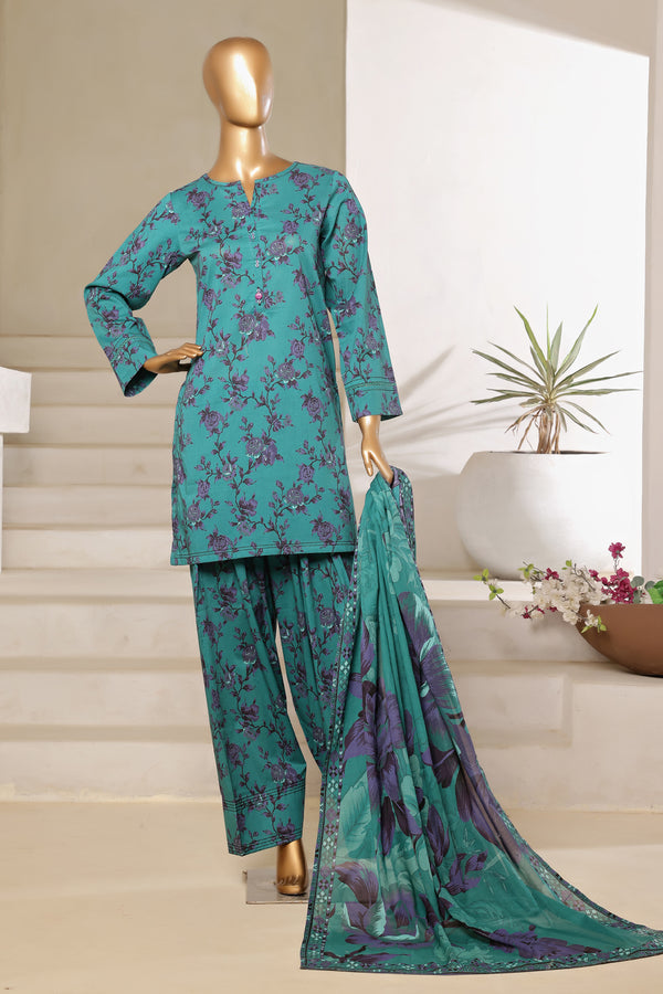 Lawn - Stitched printed 3piece with Farshi shalwar - Teal
