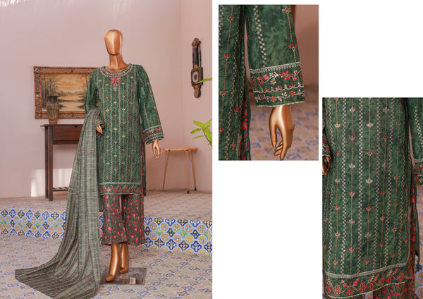 Lawn Self stripe- Stitched Embroidered 3piece with Lace work - Green