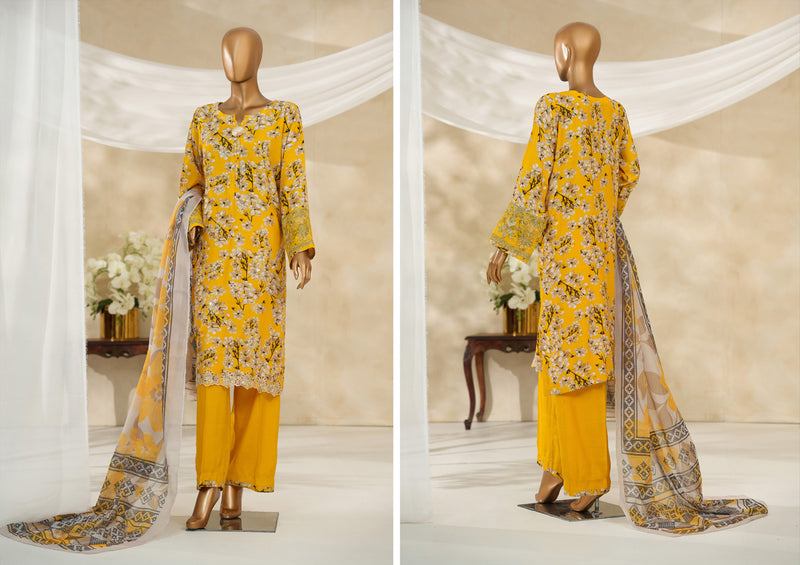 Cambric | Cotton - Stitched printed embroidered silk 3piece with Boring, Cutwork & Mirror work - Yellow Multi