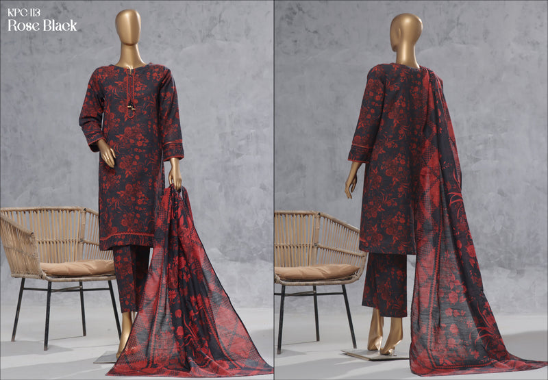 Khaddar - Stitched Printed 3 Piece Suit with Lace work - Rose Black