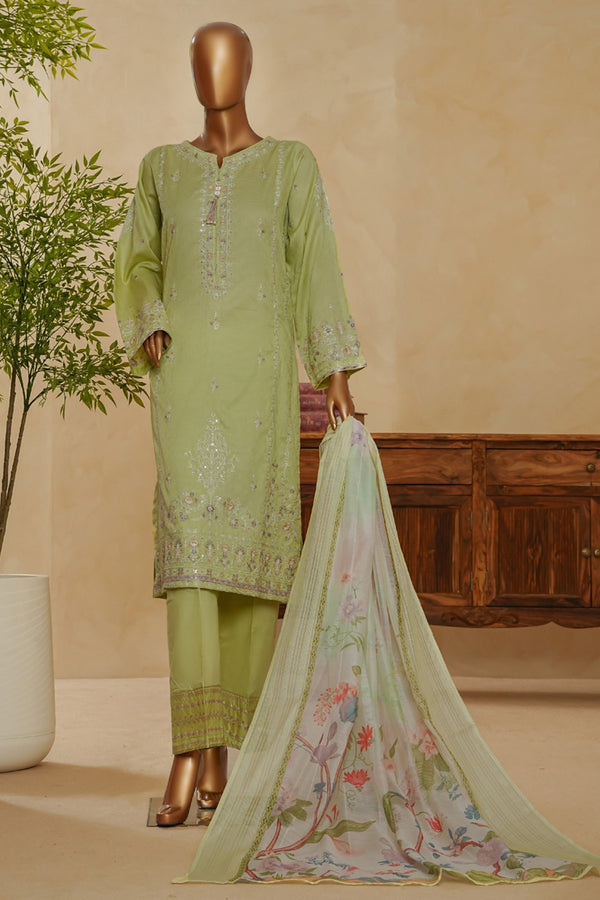 Lawn Jacquard - Stitched Embroidered 3 piece with lace work - Sage Green