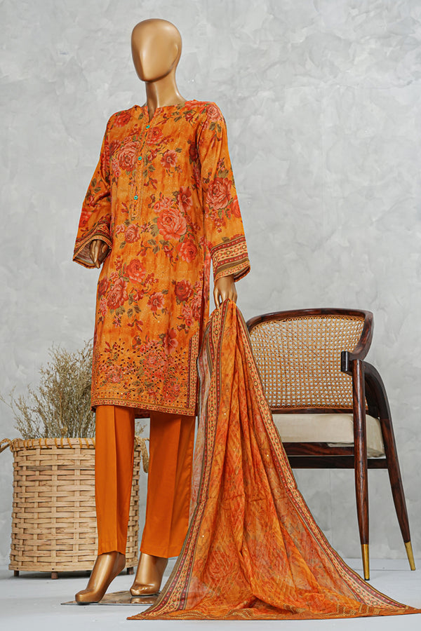 Lawn PrintKari - Stitched Embroidered 3piece with Embroidered Dupatta - Mustard