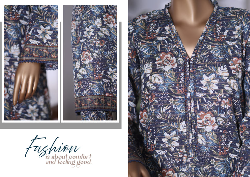 Khaddar Co-Ords - Stitched printed Kurti & trouser with Lace work - Dark Blue
