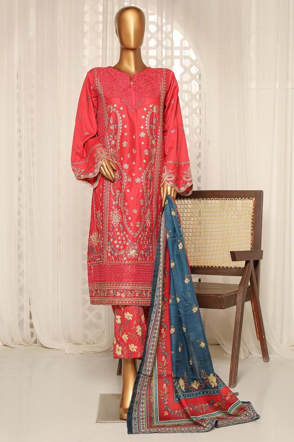 Lawn - Stitched Embroidered 3piece with printed Back & Printed trouser - Red