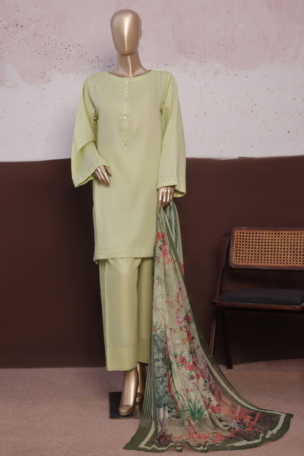 Cambric - Stitched printed 3piece with Lace work - Lime Green