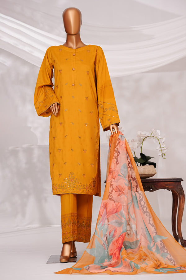 Cambric | Cotton - Stitched Embroidered Printed 3piece with Nannokara Dupatta - Mustard