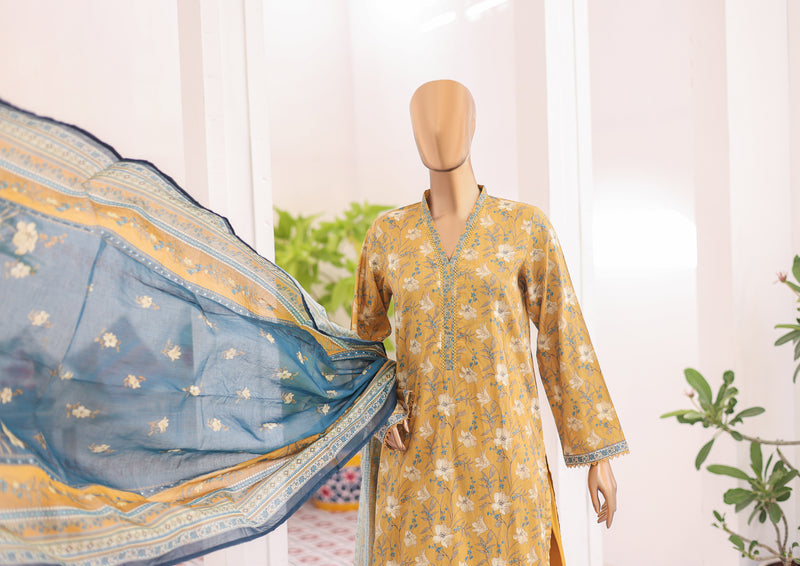 Lawn - Stitched printed 3piece with Farshi Shalwar - Yellow