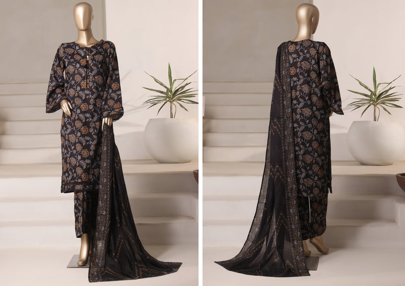 Cambric - Stitched printed 3piece with Lace work - Black Line Art