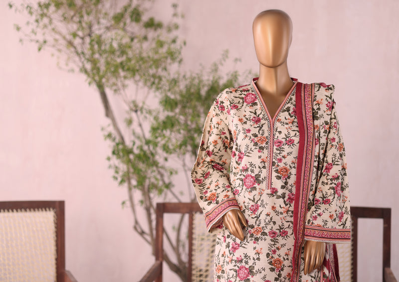 Khaddar - Stitched  printed 3piece with Lace work  -Peach & Maroon