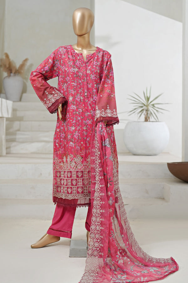 Lawn - Stitched Embroidered 3piece with Cutwork & Printed chiffon Dupatta - Pink